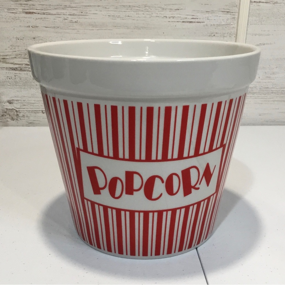 Popcorn Bowl Red White Striped Ceramic Family Size Tub 7 Inches By 8 Inches
